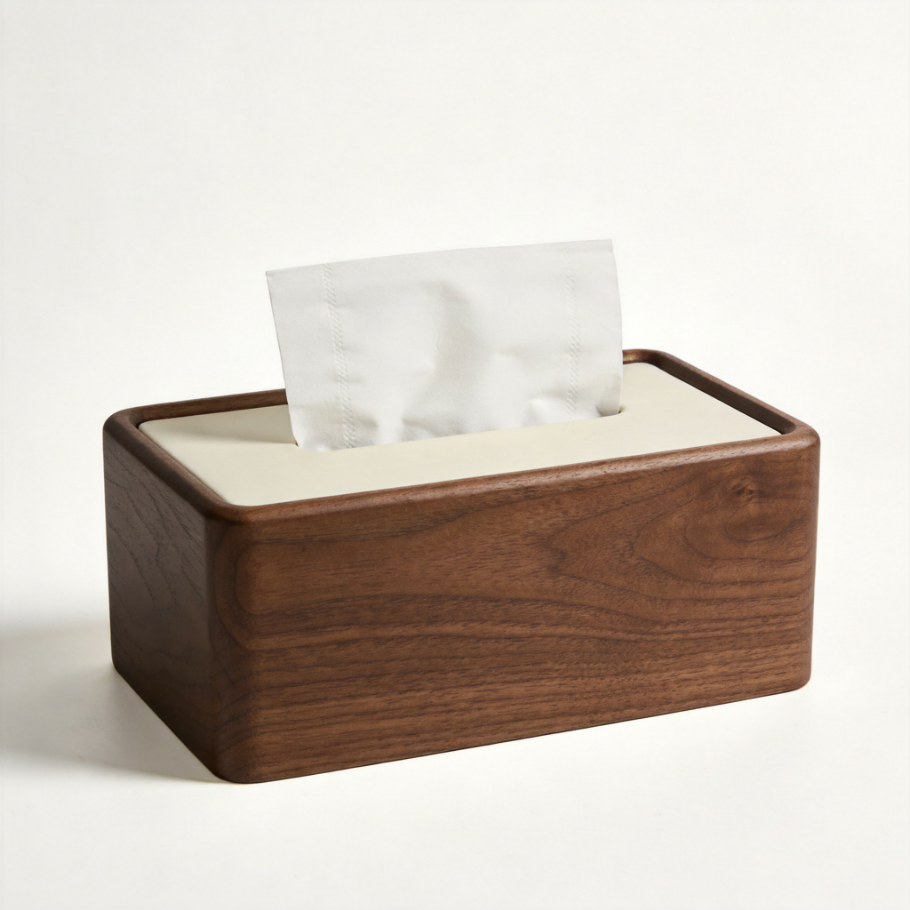 Walnut wood tissue box cover with cream opening on a white background