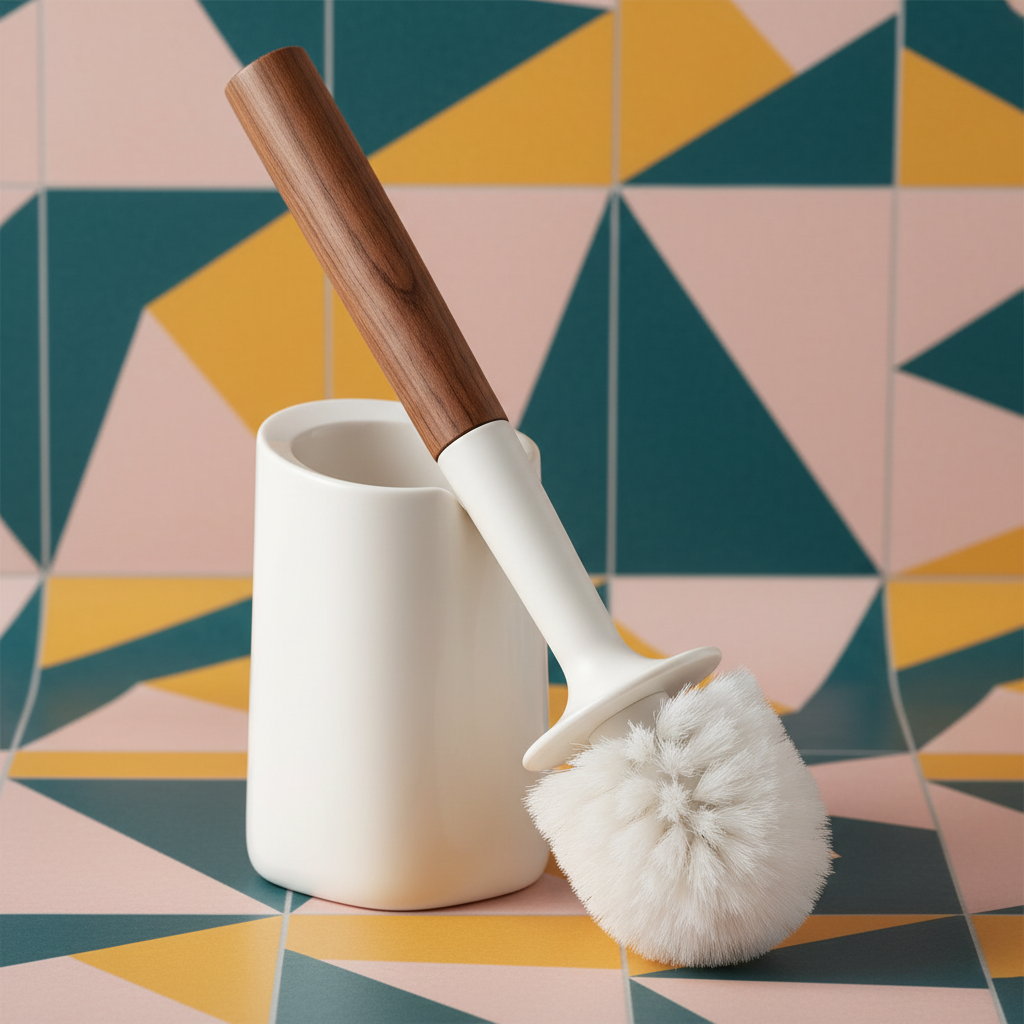 Ivory ceramic bathroom brush holder with wooden handle against colorful geometric bathroom tiles