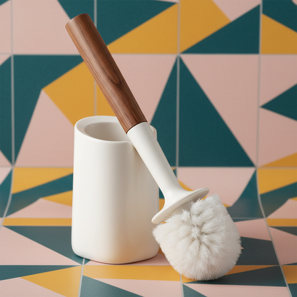 Ivory ceramic bathroom brush holder with wooden handle against colorful geometric bathroom tiles