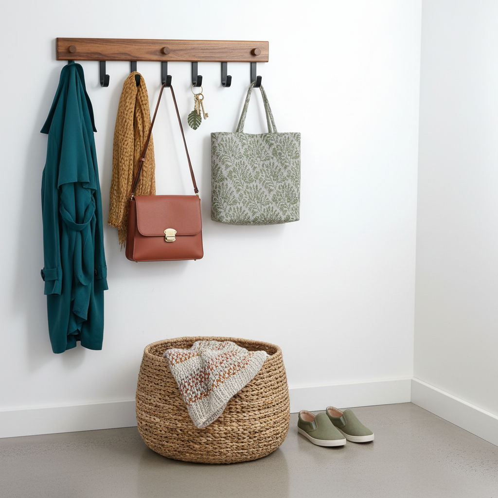 Five-hook wood and black metal wall-mounted coat rack in a colorful entryway