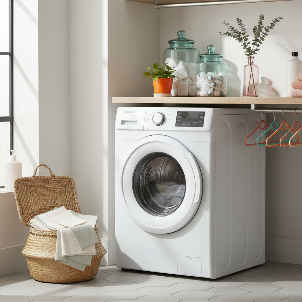 Folded reusable cleaning cloths in a woven basket beside a bright laundry room
