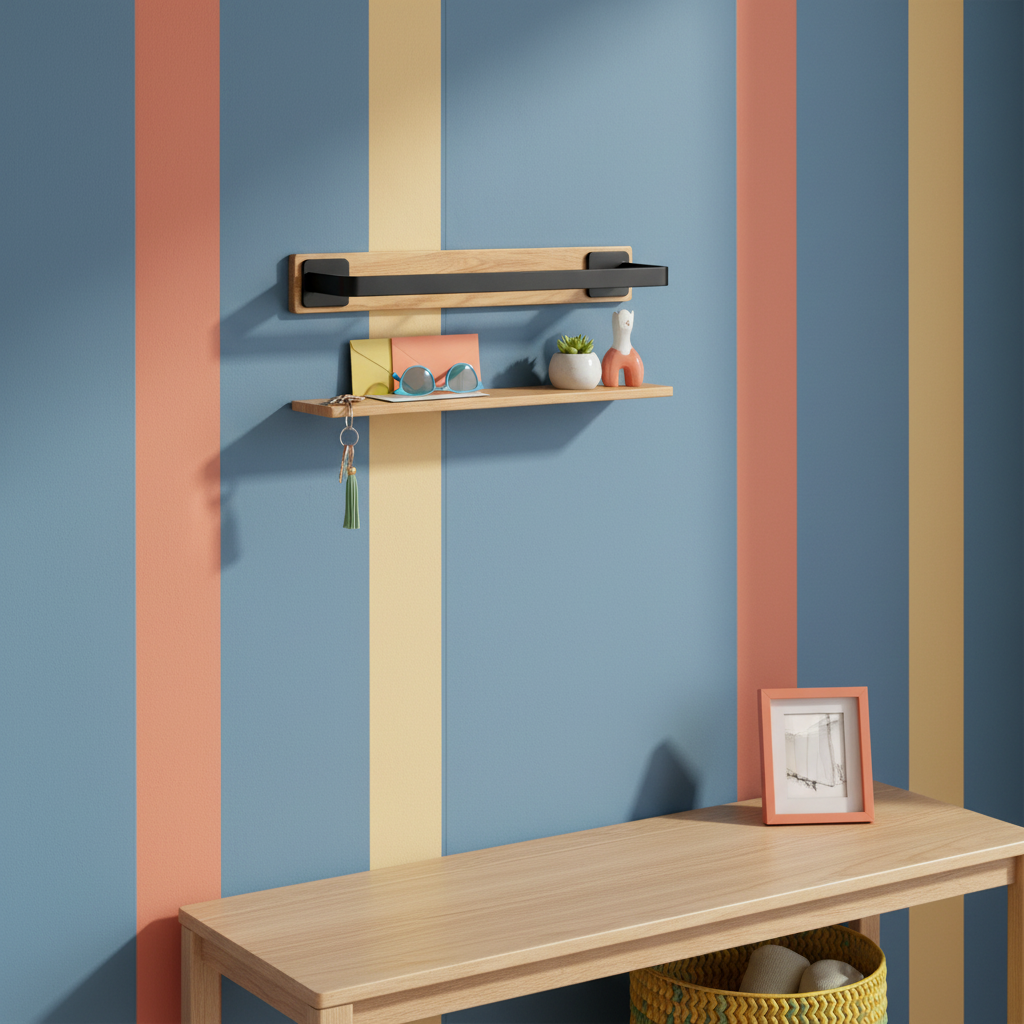 Oak and black wall shelf organizing keys, mail, sunglasses, and small décor in an entryway