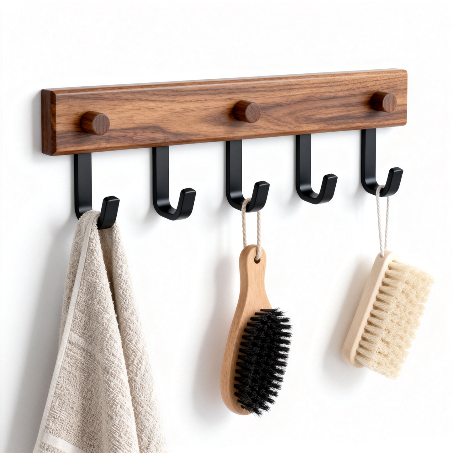 Warm wood wall-mounted coat rack with five black hooks holding towels and everyday accessories