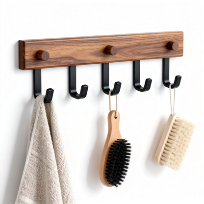 Warm wood wall-mounted coat rack with five black hooks holding towels and everyday accessories