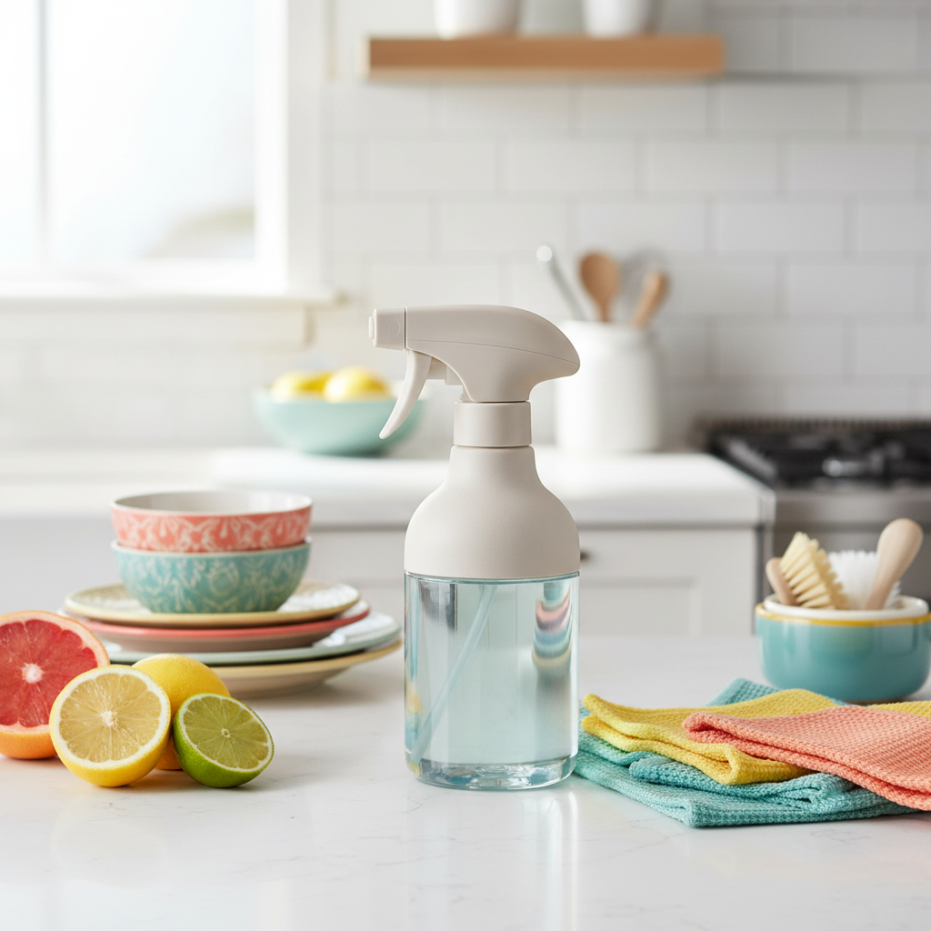 Clear refillable spray bottle styled on a colorful kitchen counter with citrus and cleaning cloths