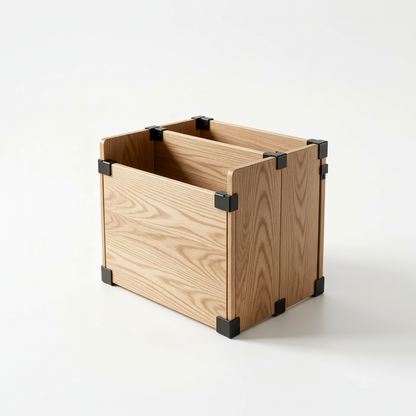 Oak-style modular wooden storage crate with black protective corners on a white background
