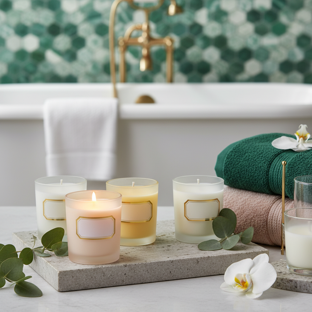 Frosted glass candle set styled beside towels, stone and green leaves in a spa-inspired bathroom