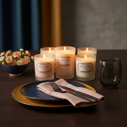 Frosted glass candles arranged around a colorful evening dining table