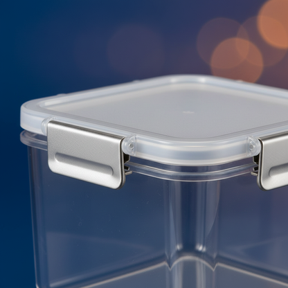 Close-up of a transparent food container lid rim and silver-gray side clip
