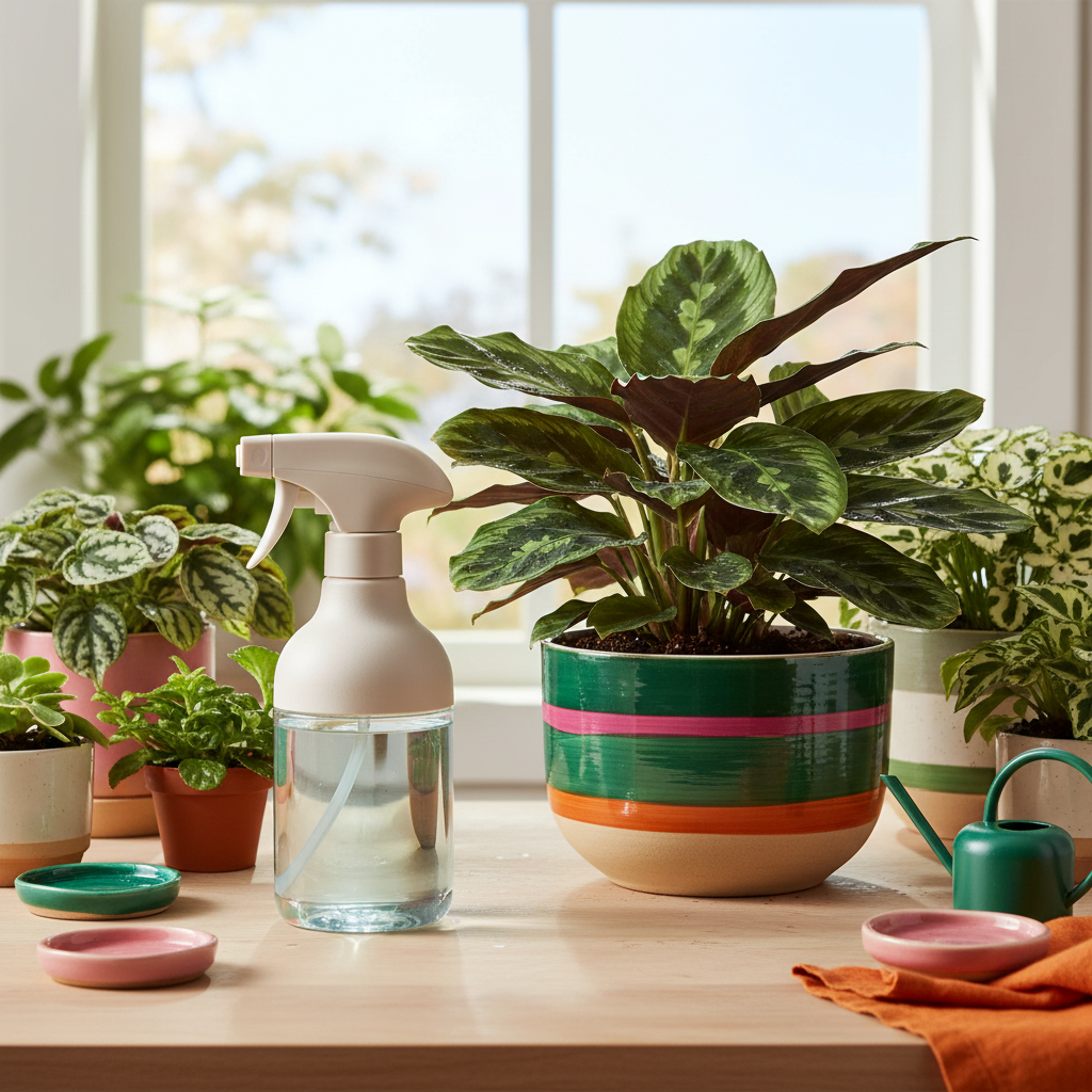 Clear refillable spray bottle beside leafy houseplants and a colorful ceramic pot