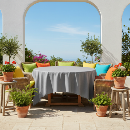Gray protective fabric cover on a garden patio table with colorful cushions and plants