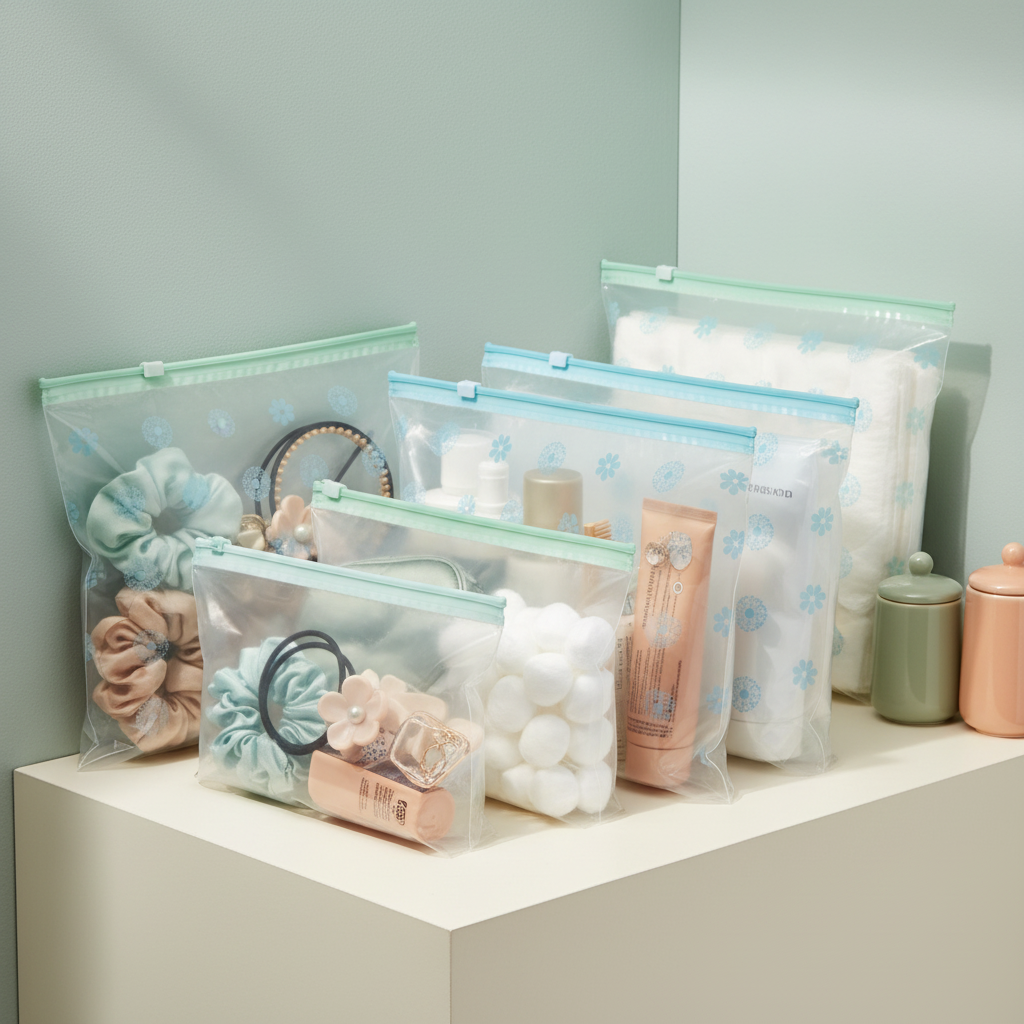 Clear floral zip storage bags organizing toiletries and accessories on a bathroom shelf